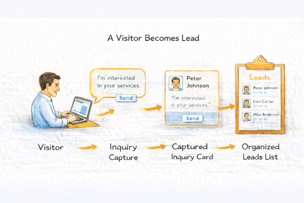 Illustration showing how a website visitor becomes a lead: a visitor at a laptop sends a message inquiry, which is captured as an inquiry card and added to an organized lead list.