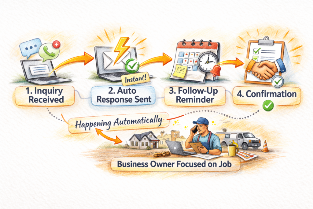 Illustration showing an automated follow-up workflow: inquiry received, auto response sent, follow-up reminder, and confirmation, while the business owner continues working.
