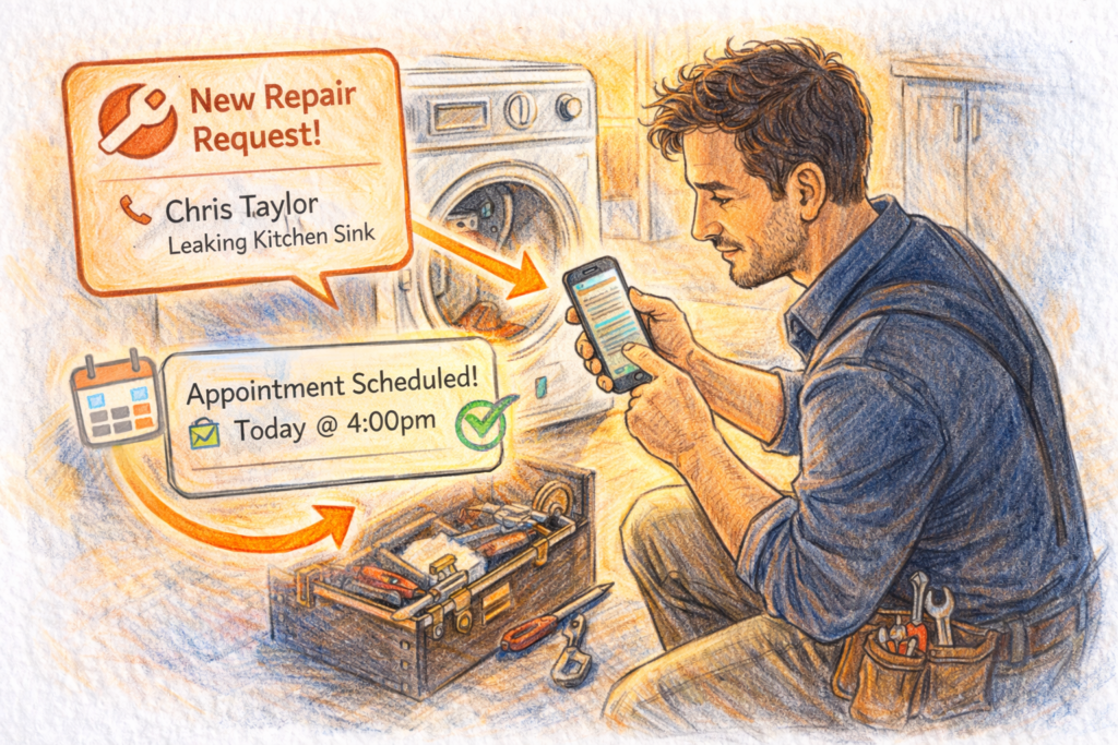 Colored-pencil illustration of a technician working on a repair while a new service request is instantly received and an appointment is automatically scheduled on his phone.