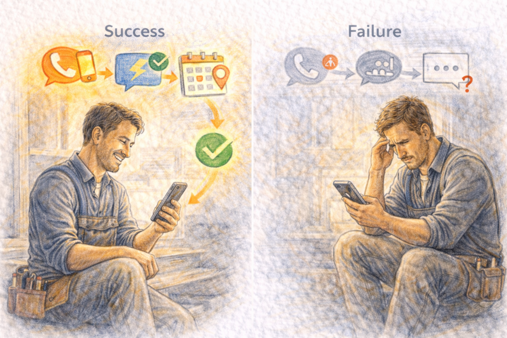 Split illustration showing two contractors: one relaxed and smiling with automated system handling calls and scheduling, and another stressed looking at his phone with missed calls and lost opportunities.