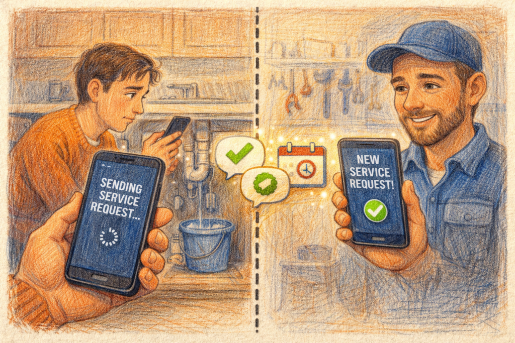 Split illustration showing a homeowner sending a plumbing service request from a leaking sink on one side, and a plumber receiving the request instantly on a smartphone on the other side, with confirmation icons indicating fast response and scheduling.