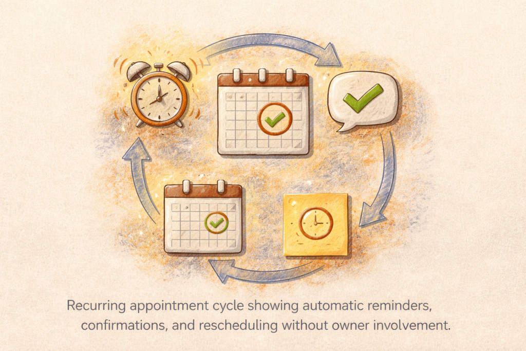 Circular illustration showing a recurring appointment system with automatic reminders, confirmations, and rescheduling, represented by calendars, a clock, and checkmark icons connected in a continuous loo
