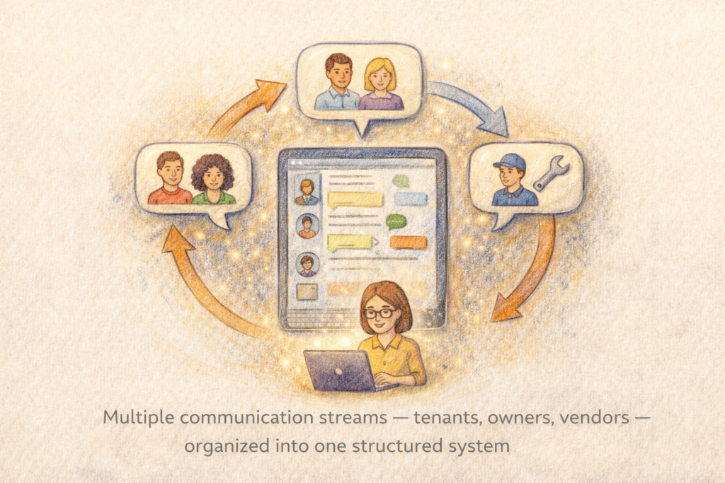 Illustration showing a centralized communication system where messages from tenants, property owners, and vendors are organized into one dashboard, represented by connected chat bubbles and a unified interface.