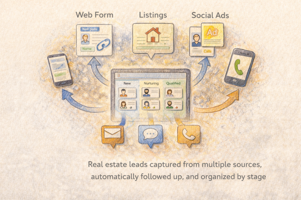 Illustration showing real estate leads coming from multiple sources such as web forms, listings, social ads, and calls into a central system, where they are automatically followed up and organized into stages like new, nurturing, and qualified.