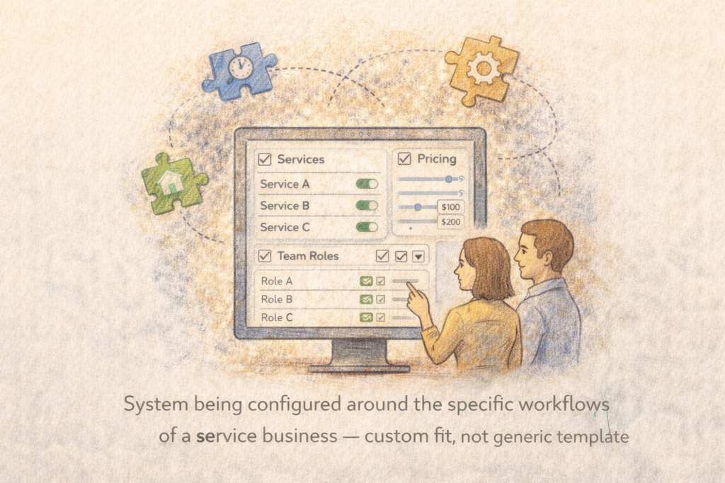 Illustration showing a service business system being customized on a screen with settings for services, pricing, and team roles, representing a tailored setup designed to match specific business workflows rather than a generic template.