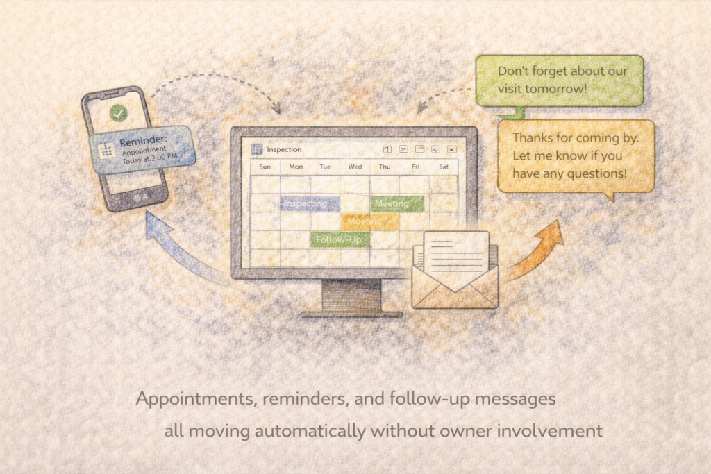 Illustration showing a calendar with scheduled appointments connected to automated reminder notifications and follow-up messages, all moving automatically without manual involvement, represented by connected devices and message icons.