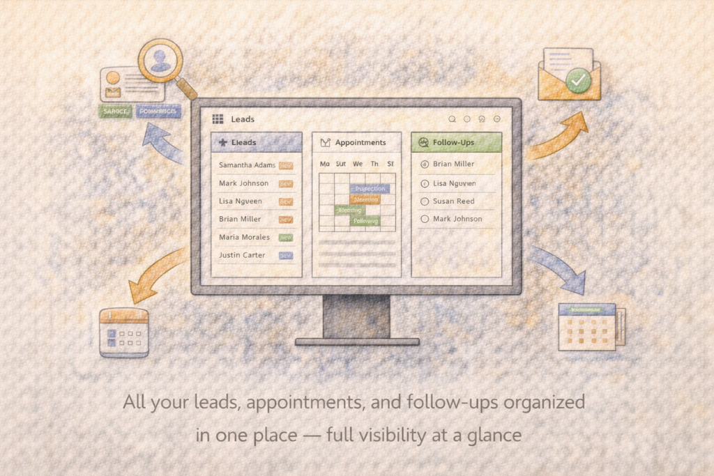 Illustration showing a clean business dashboard with leads, appointments, and follow-ups organized in one central view, providing full visibility at a glance through a structured interface.