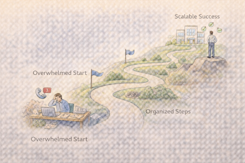 Illustration showing a winding path representing the growth of a service business, starting from a chaotic and overwhelmed stage and progressing toward an organized, structured, and scalable operation.