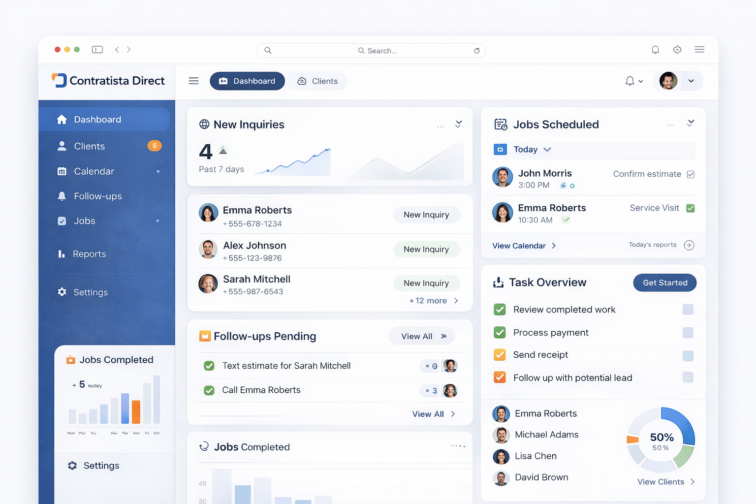 Contratista Direct CRM dashboard interface showing client inquiries, scheduled jobs, follow-ups, and task management.